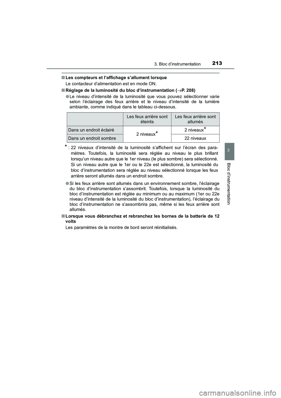 TOYOTA PRIUS PRIME 2021  Manuel du propriétaire (in French) PRIUS PRIME_OM_OM47D71D_(D)
2133. Bloc d’instrumentation
3
Bloc d’instrumentation
■Les compteurs et l’affichage s’allument lorsque
Le contacteur d’alimentation est en mode ON.
■ Réglage