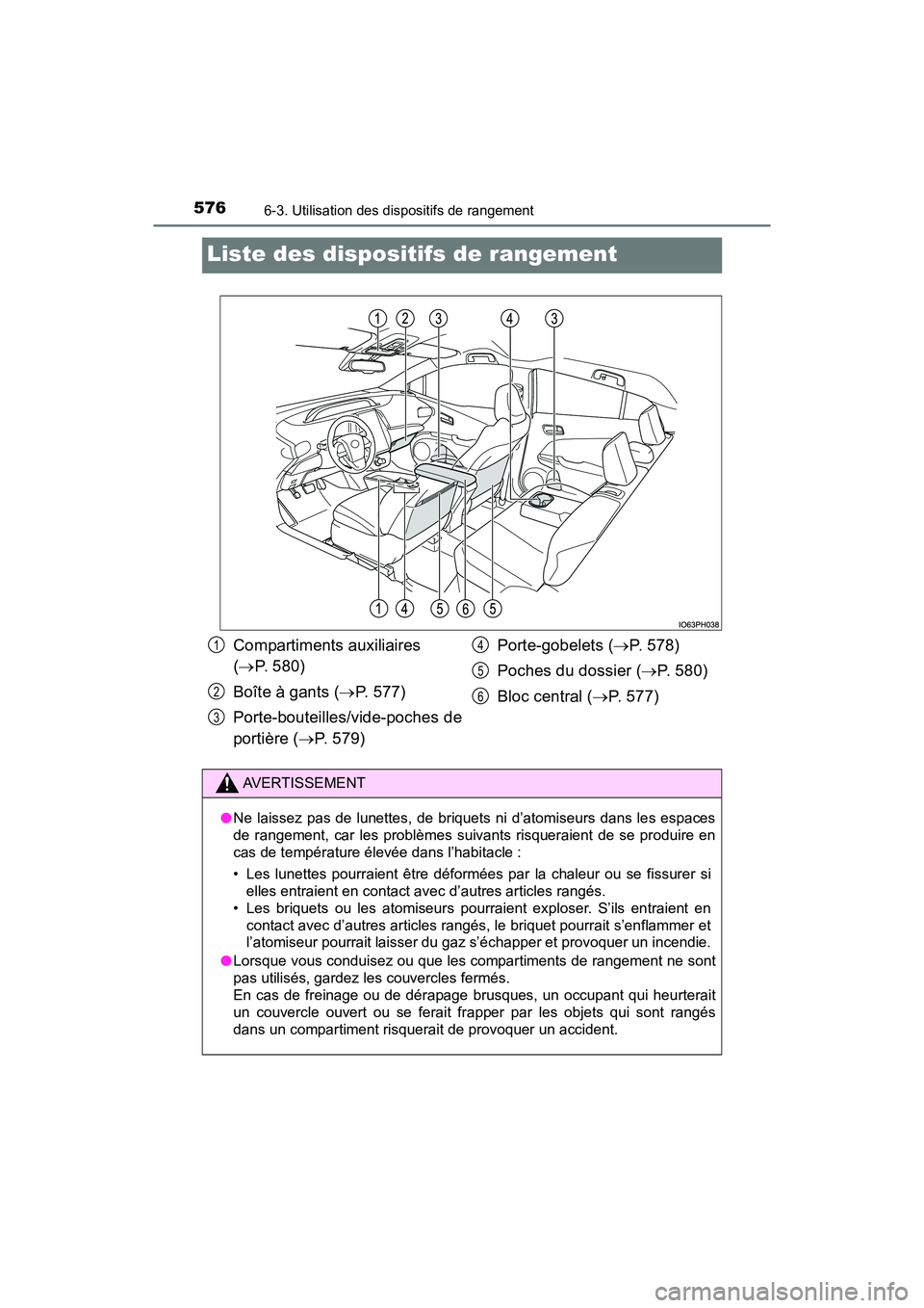 TOYOTA PRIUS PRIME 2021 Manuel du propriétaire (in French) 576
PRIUS PRIME_OM_OM47D71D_(D)
6-3. Utilisation des dispositifs de rangement
Liste des dispositifs de rangement
Compartiments auxiliaires
(P. 580)
Boîte à gants ( P. 5 7 7 )
Porte-bouteill TOYOTA PRIUS PRIME 2021 Manuel du propriétaire (in French) 576
PRIUS PRIME_OM_OM47D71D_(D)
6-3. Utilisation des dispositifs de rangement
Liste des dispositifs de rangement
Compartiments auxiliaires
(P. 580)
Boîte à gants ( P. 5 7 7 )
Porte-bouteill