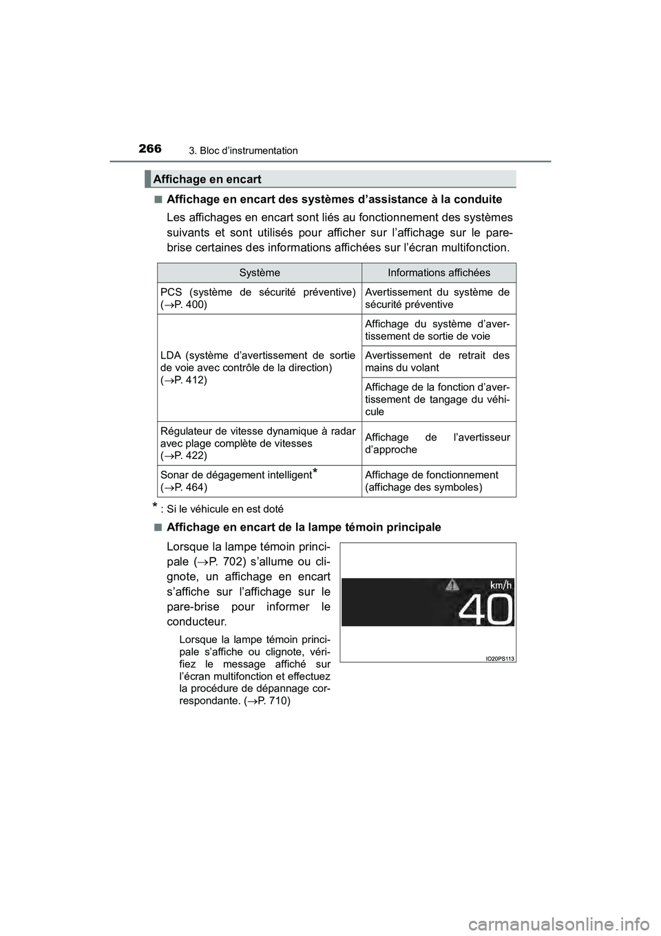 TOYOTA PRIUS PRIME 2019  Manuel du propriétaire (in French) 266
PRIUS PRIME_OM_OM47D13D_(D)
3. Bloc d’instrumentation
■Affichage en encart des systèmes d’assistance à la conduite
Les affichages en encart sont liés au fonctionnement des systèmes
suiva