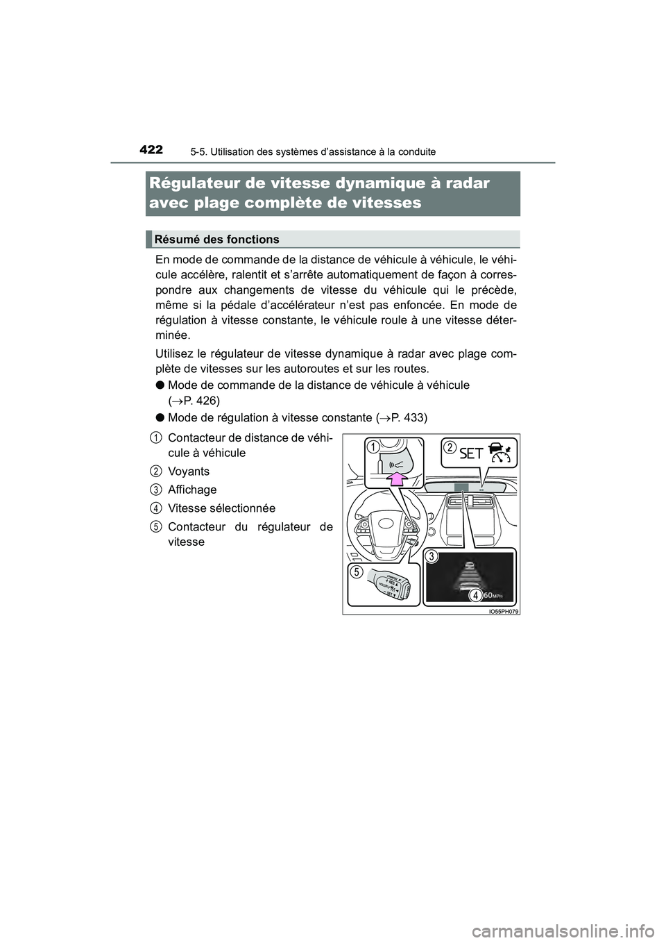 TOYOTA PRIUS PRIME 2019  Manuel du propriétaire (in French) 422
PRIUS PRIME_OM_OM47D13D_(D)
5-5. Utilisation des systèmes d’assistance à la conduite
Régulateur de vitesse dynamique à radar
avec plage complète de vitesses
En mode de commande de la dis
