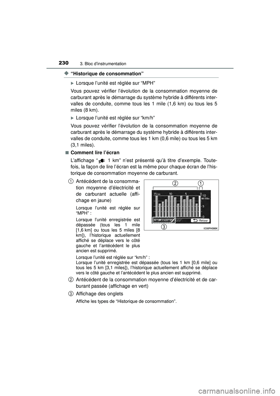 TOYOTA PRIUS PRIME 2018  Manuel du propriétaire (in French) 230
PRIUS PRIME_OM_OM47C17D_(D)
3. Bloc d’instrumentation
◆“Historique de consommation”
Lorsque l’unité est réglée sur “MPH”
Vous pouvez vérifier l’évolution de la consommation