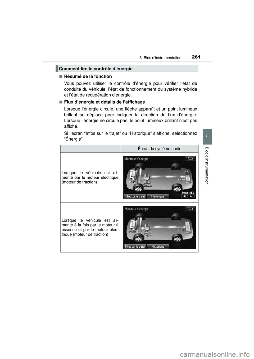 TOYOTA PRIUS PRIME 2018  Manuel du propriétaire (in French) PRIUS PRIME_OM_OM47C17D_(D)
2613. Bloc d’instrumentation
3
Bloc d’instrumentation
■Résumé de la fonction
Vous pouvez utiliser le contrôle d’énergie pour vérifier l’état de
conduite du 