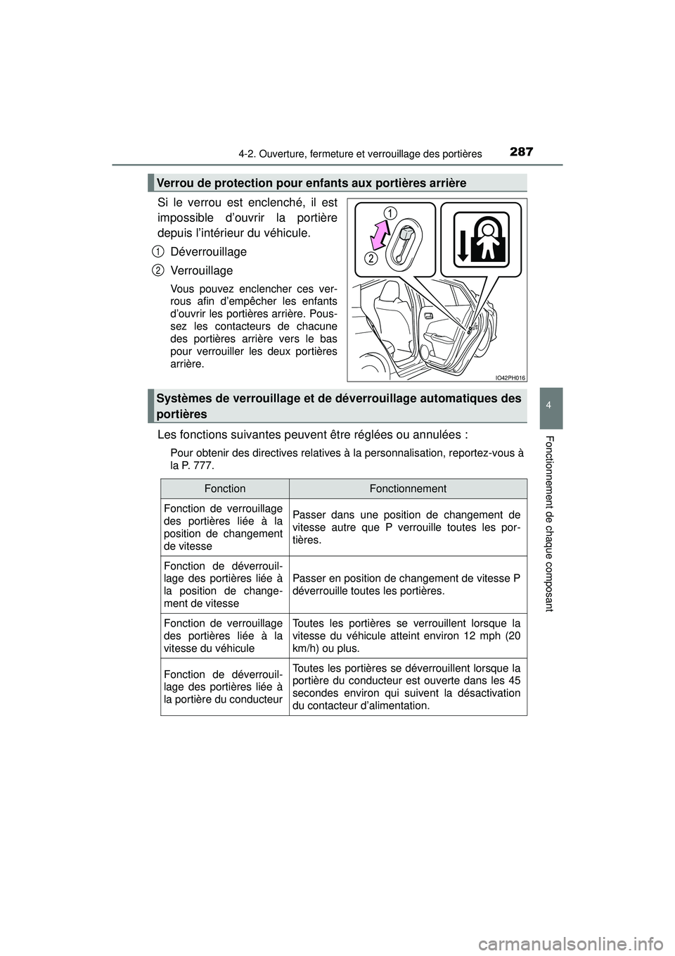 TOYOTA PRIUS PRIME 2018  Manuel du propriétaire (in French) PRIUS PRIME_OM_OM47C17D_(D)
2874-2. Ouverture, fermeture et verrouillage des portières
4
Fonctionnement de chaque composant
Si le verrou est enclenché, il est
impossible d’ouvrir la portière
depu