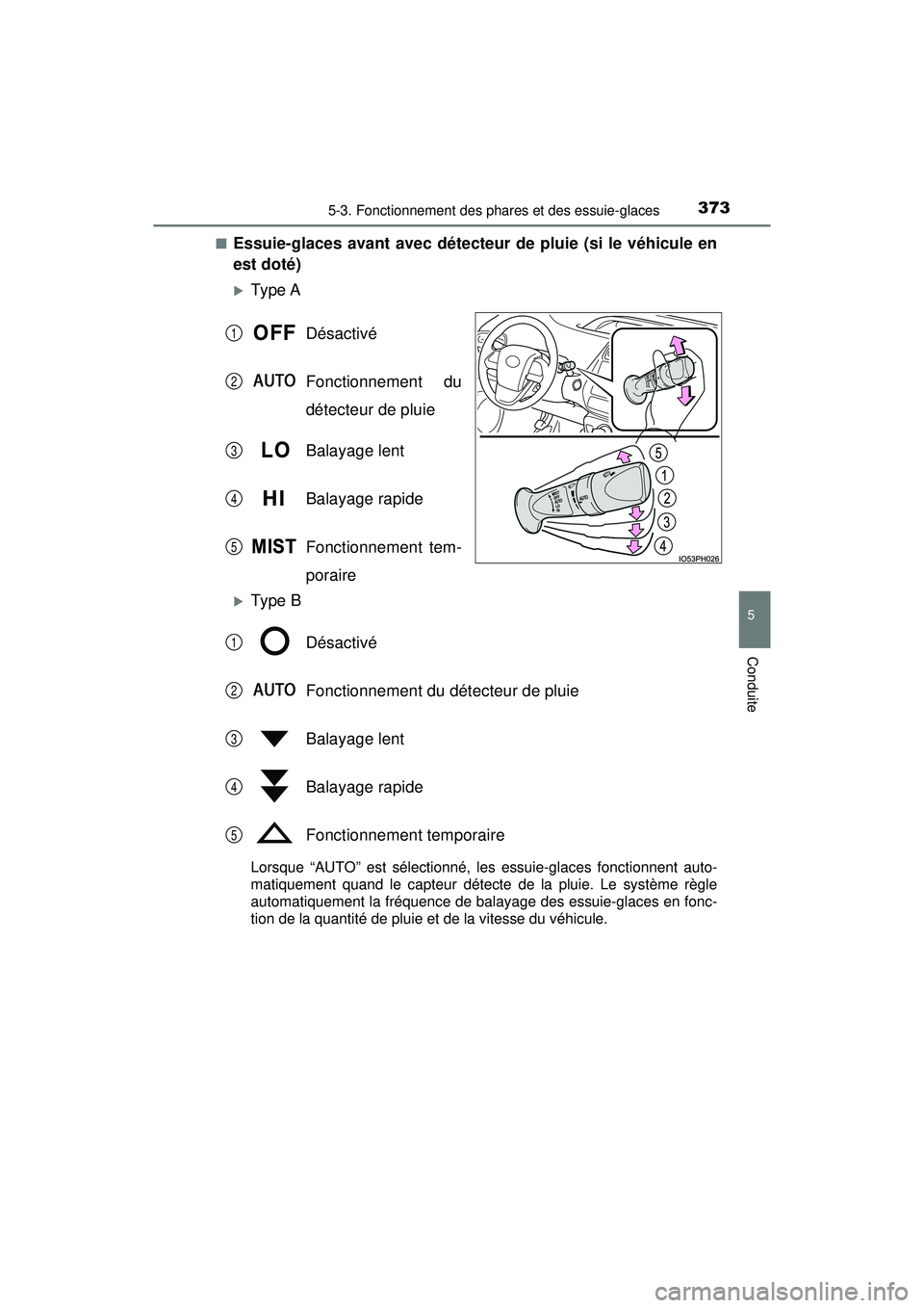 TOYOTA PRIUS PRIME 2018  Manuel du propriétaire (in French) PRIUS PRIME_OM_OM47C17D_(D)
3735-3. Fonctionnement des phares et des essuie-glaces
5
Conduite
■Essuie-glaces avant avec détecteur de pluie (si le véhicule en
est doté)
Ty pe  ADésactivé
Fonc