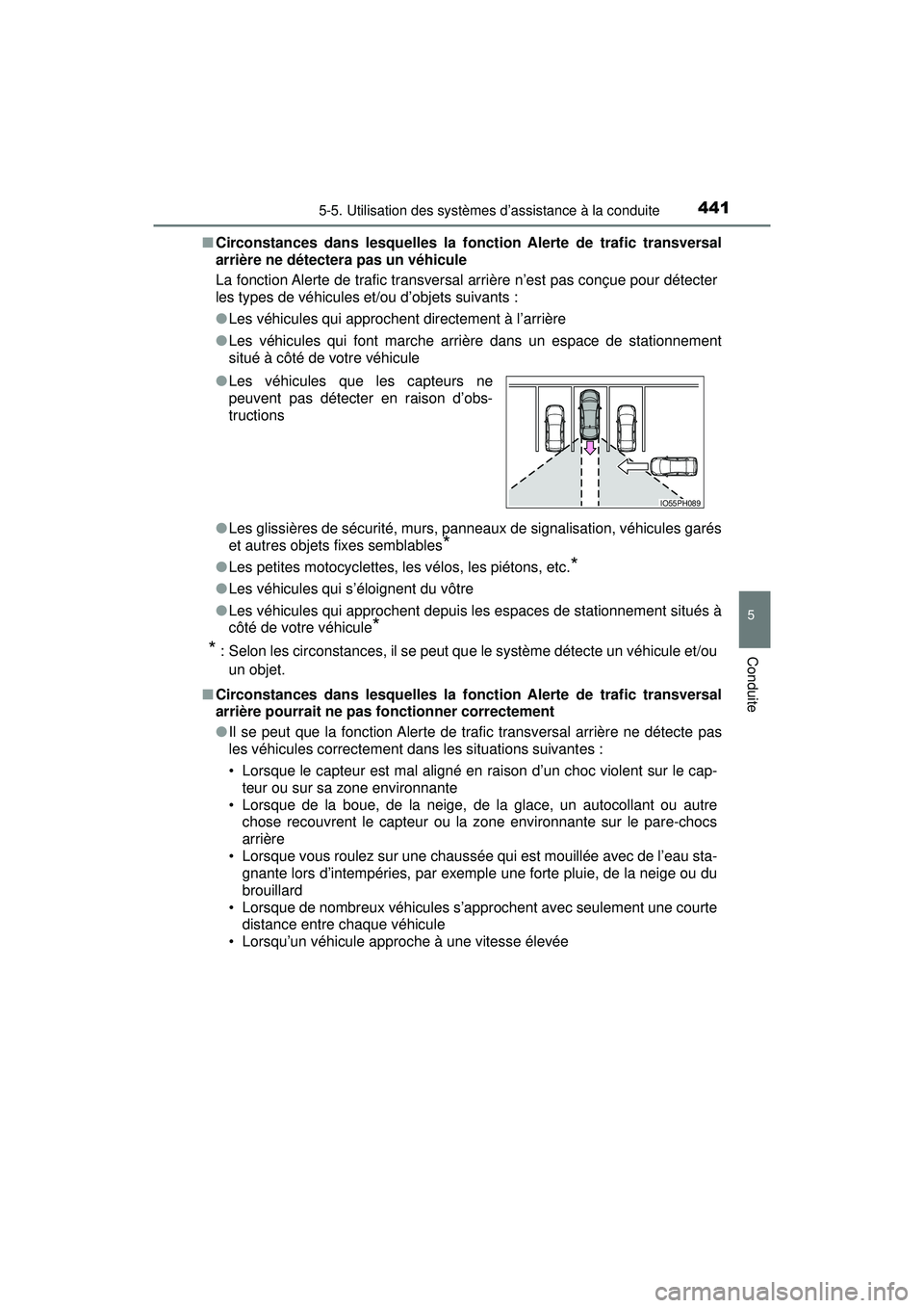TOYOTA PRIUS PRIME 2018 Manuel du propriétaire (in French) PRIUS PRIME_OM_OM47C17D_(D)
4415-5. Utilisation des systèmes d’assistance à la conduite
5
Conduite
■Circonstances dans lesquelles la fonction Alerte de trafic transversal
arrière ne détectera TOYOTA PRIUS PRIME 2018 Manuel du propriétaire (in French) PRIUS PRIME_OM_OM47C17D_(D)
4415-5. Utilisation des systèmes d’assistance à la conduite
5
Conduite
■Circonstances dans lesquelles la fonction Alerte de trafic transversal
arrière ne détectera