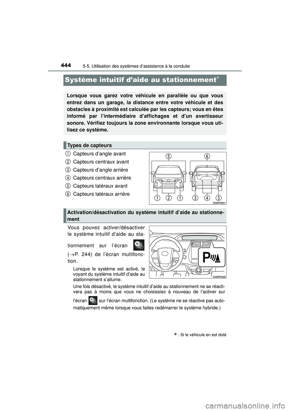 TOYOTA PRIUS PRIME 2018 Manuel du propriétaire (in French) 444
PRIUS PRIME_OM_OM47C17D_(D)
5-5. Utilisation des systèmes d’assistance à la conduite
Système intuitif d’aide au stationnement
Capteurs d’angle avant
Capteurs centraux avant
Capteurs d TOYOTA PRIUS PRIME 2018 Manuel du propriétaire (in French) 444
PRIUS PRIME_OM_OM47C17D_(D)
5-5. Utilisation des systèmes d’assistance à la conduite
Système intuitif d’aide au stationnement
Capteurs d’angle avant
Capteurs centraux avant
Capteurs d
