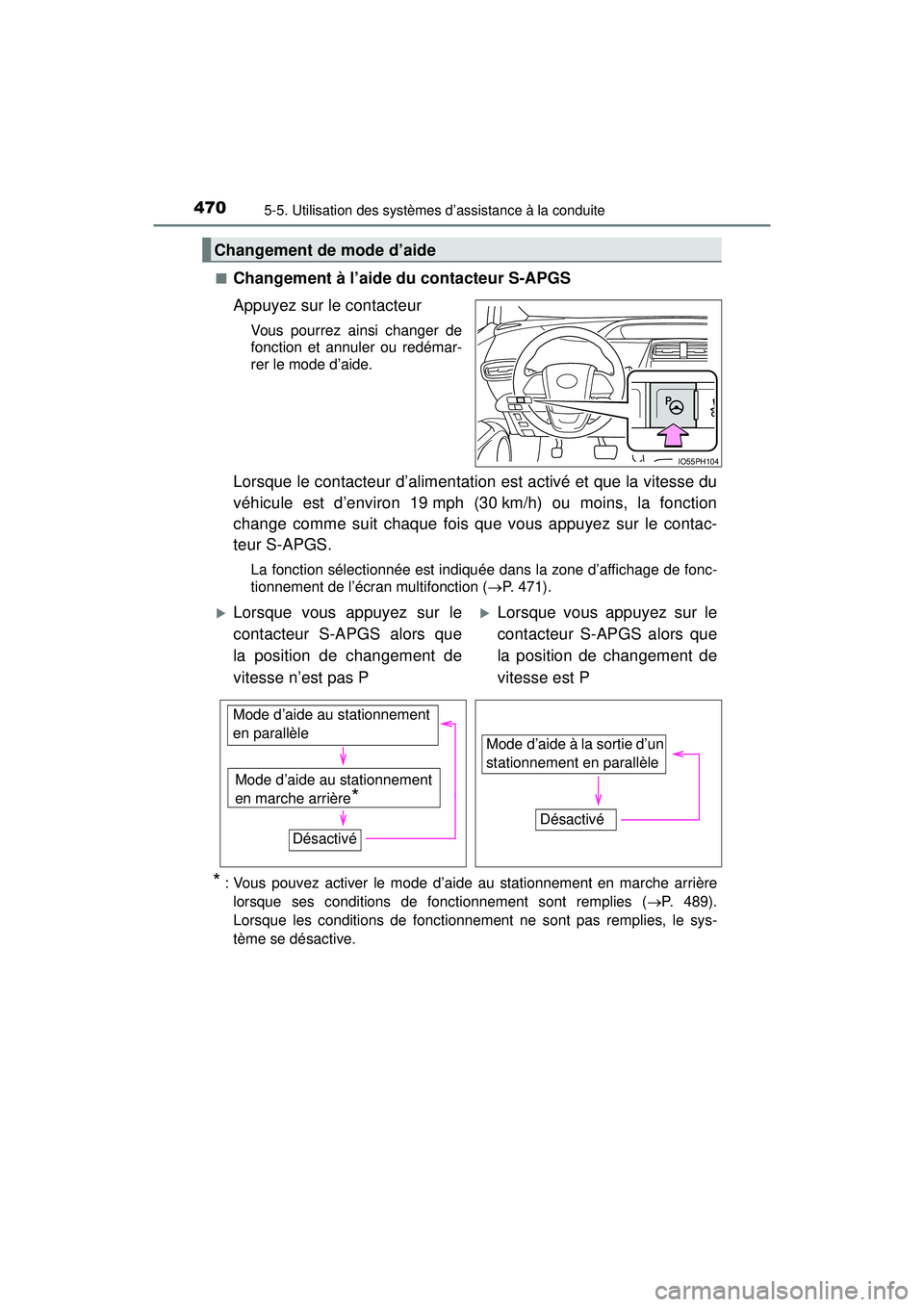 TOYOTA PRIUS PRIME 2018 Manuel du propriétaire (in French) 470
PRIUS PRIME_OM_OM47C17D_(D)
5-5. Utilisation des systèmes d’assistance à la conduite
■Changement à l’aide du contacteur S-APGS
Appuyez sur le contacteur
Vous pourrez ainsi changer de
fonc TOYOTA PRIUS PRIME 2018 Manuel du propriétaire (in French) 470
PRIUS PRIME_OM_OM47C17D_(D)
5-5. Utilisation des systèmes d’assistance à la conduite
■Changement à l’aide du contacteur S-APGS
Appuyez sur le contacteur
Vous pourrez ainsi changer de
fonc