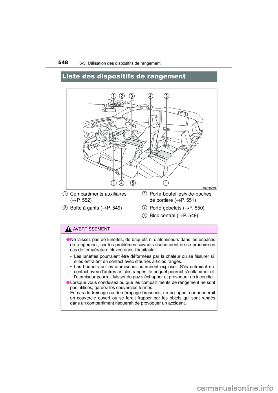 TOYOTA PRIUS PRIME 2018  Manuel du propriétaire (in French) 548
PRIUS PRIME_OM_OM47C17D_(D)
6-3. Utilisation des dispositifs de rangement
Liste des dispositifs de rangement
Compartiments auxiliaires 
(P. 552)
Boîte à gants ( P. 549) Porte-bouteilles/vi
