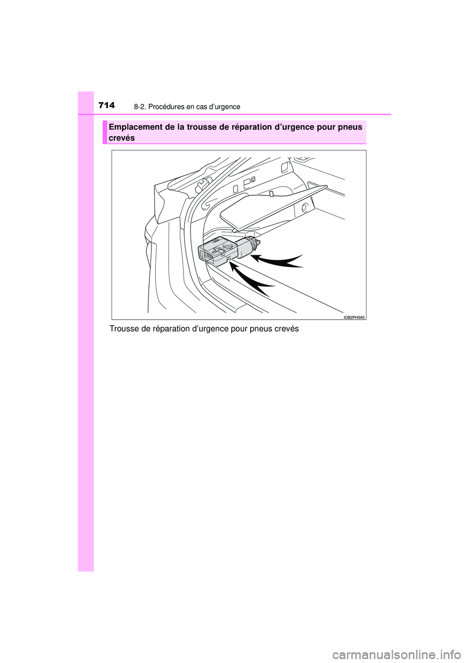 TOYOTA PRIUS PRIME 2018  Manuel du propriétaire (in French) 7148-2. Procédures en cas d’urgence
PRIUS PRIME_OM_OM47C17D_(D)
Trousse de réparation d’urgence pour pneus crevés
Emplacement de la trousse de réparation d’urgence pour pneus
crevés 