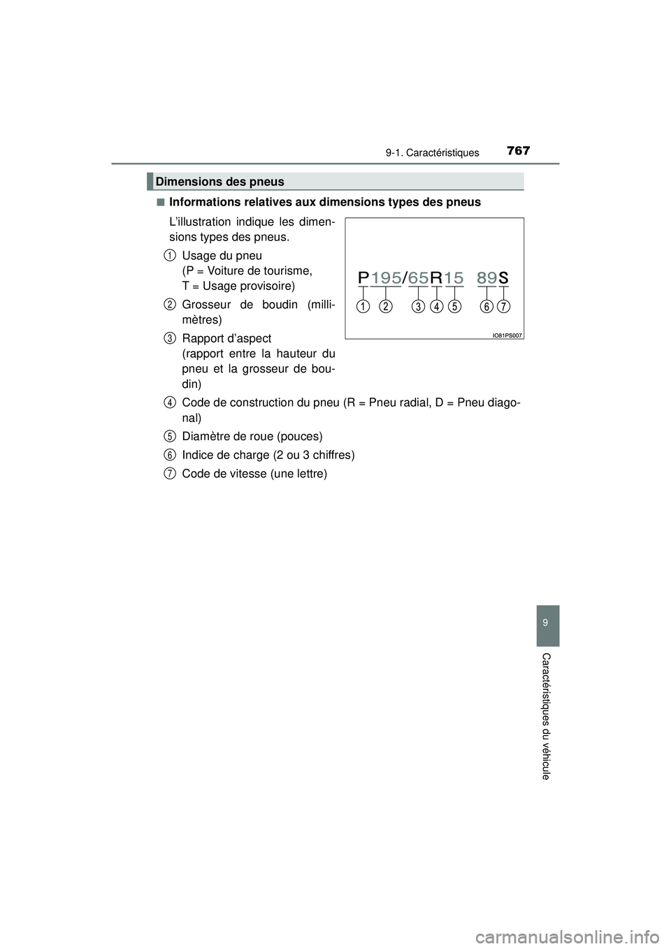 TOYOTA PRIUS PRIME 2018  Manuel du propriétaire (in French) PRIUS PRIME_OM_OM47C17D_(D)
7679-1. Caractéristiques
9
Caractéristiques du véhicule
■Informations relatives aux dimensions types des pneus
L’illustration indique les dimen-
sions types des pneu