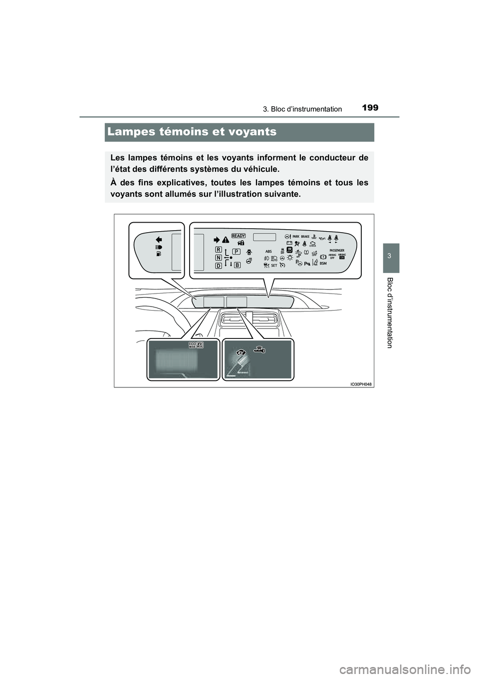 TOYOTA PRIUS PRIME 2017  Manuel du propriétaire (in French) 199
PRIUS PRIME_OM_OM47A88D_(D)
3. Bloc d’instrumentation
3
Bloc d’instrumentation
Lampes témoins et voyants
Les lampes témoins et les voyants informent le conducteur de
l’état des différent