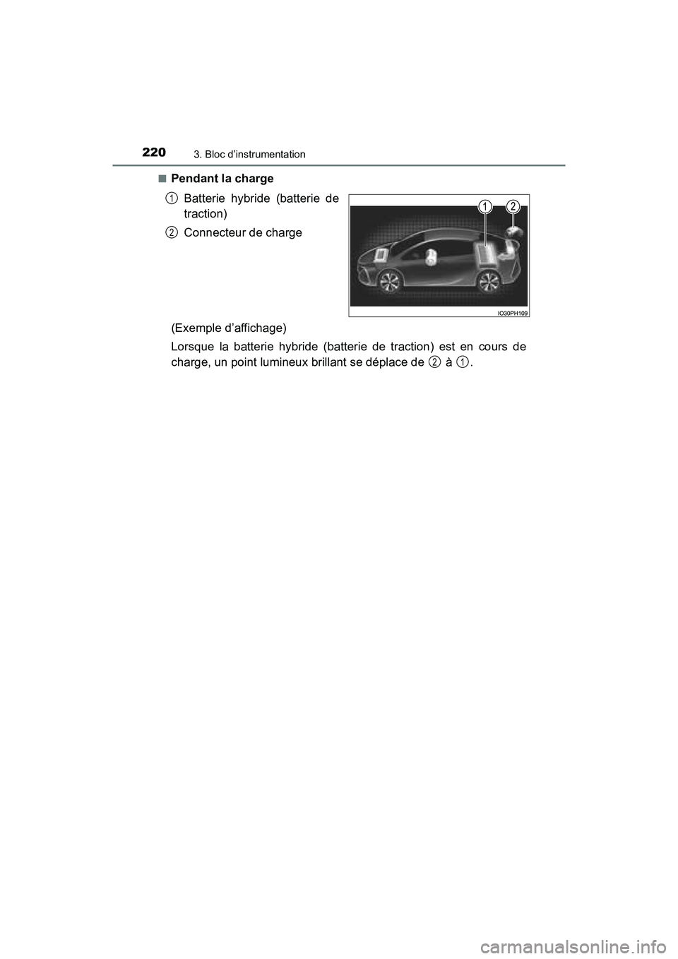 TOYOTA PRIUS PRIME 2017  Manuel du propriétaire (in French) 220
PRIUS PRIME_OM_OM47A88D_(D)
3. Bloc d’instrumentation
■Pendant la chargeBatterie hybride (batterie de
traction)
Connecteur de charge
(Exemple d’affichage)
Lorsque la batterie hybride (batter