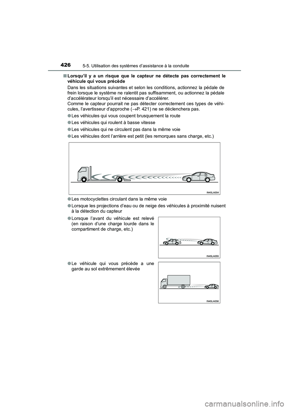 TOYOTA PRIUS PRIME 2017 Manuel du propriétaire (in French) 426
PRIUS PRIME_OM_OM47A88D_(D)
5-5. Utilisation des systèmes d’assistance à la conduite
■Lorsqu’il y a un risque que le capteur ne détecte pas correctement le
véhicule qui vous précède
Da TOYOTA PRIUS PRIME 2017 Manuel du propriétaire (in French) 426
PRIUS PRIME_OM_OM47A88D_(D)
5-5. Utilisation des systèmes d’assistance à la conduite
■Lorsqu’il y a un risque que le capteur ne détecte pas correctement le
véhicule qui vous précède
Da
