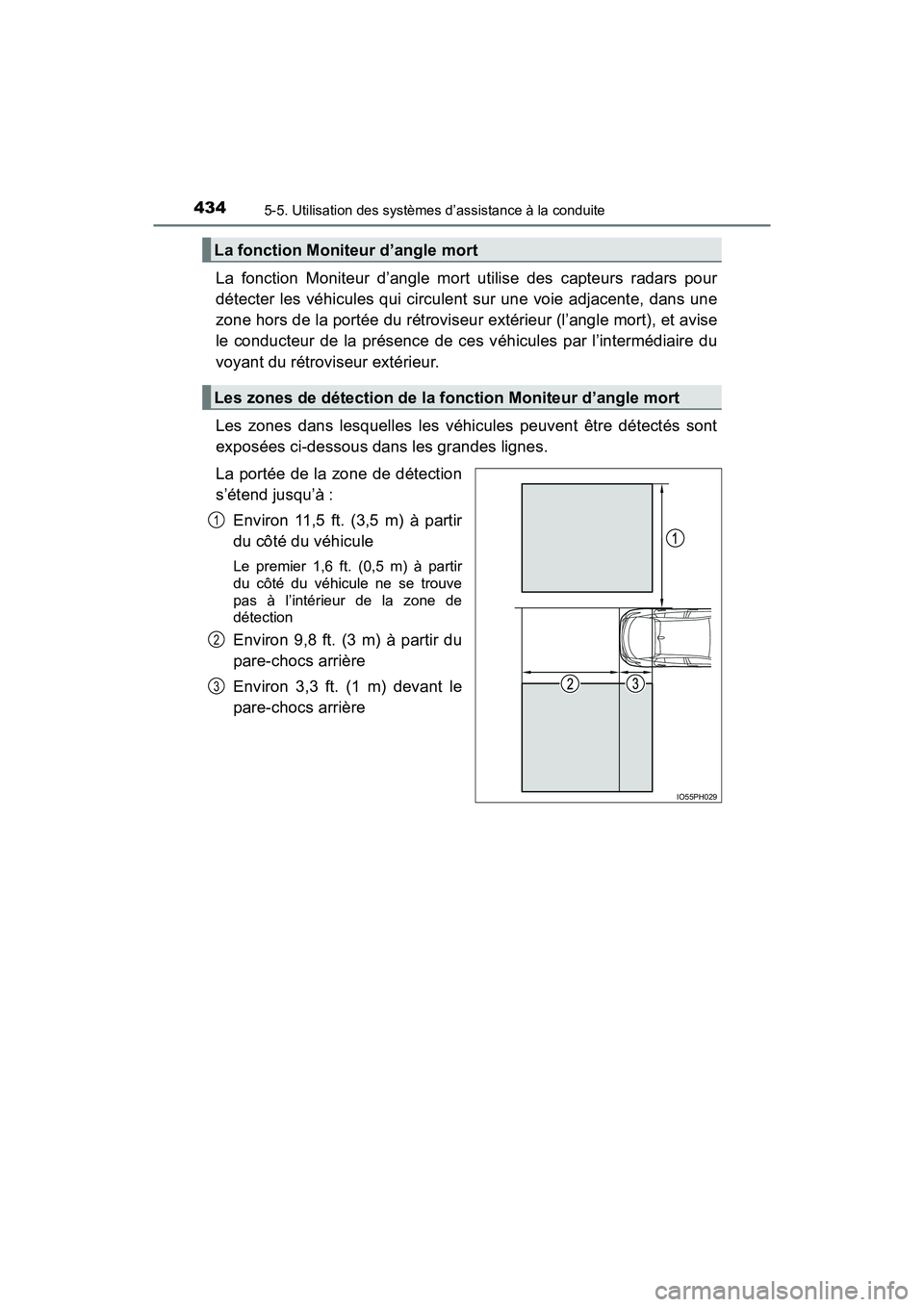 TOYOTA PRIUS PRIME 2017  Manuel du propriétaire (in French) 434
PRIUS PRIME_OM_OM47A88D_(D)
5-5. Utilisation des systèmes d’assistance à la conduite
La fonction Moniteur d’angle mort utilise des capteurs radars pour
détecter les véhicules qui circulent