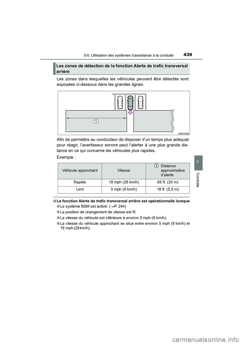TOYOTA PRIUS PRIME 2017  Manuel du propriétaire (in French) PRIUS PRIME_OM_OM47A88D_(D)
4395-5. Utilisation des systèmes d’assistance à la conduite
5
Conduite
Les zones dans lesquelles les véhicules peuvent être détectés sont
exposées ci-dessous dans 