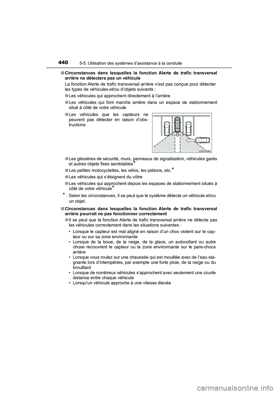 TOYOTA PRIUS PRIME 2017  Manuel du propriétaire (in French) 440
PRIUS PRIME_OM_OM47A88D_(D)
5-5. Utilisation des systèmes d’assistance à la conduite
■Circonstances dans lesquelles la fonction Alerte de trafic transversal
arrière ne détectera pas un vé