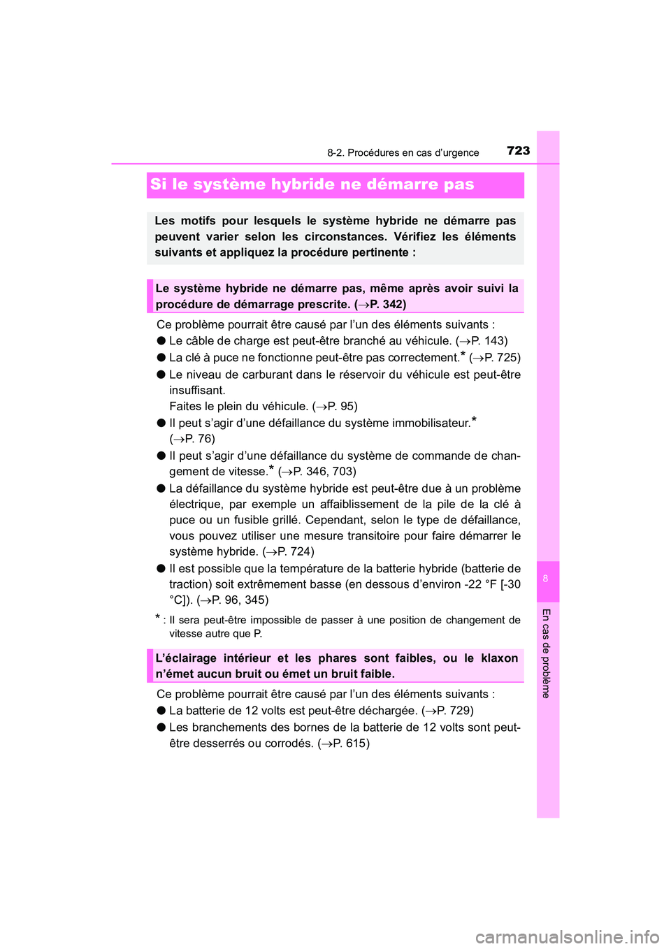 TOYOTA PRIUS PRIME 2017  Manuel du propriétaire (in French) 723
PRIUS PRIME_OM_OM47A88D_(D)
8
En cas de problème
8-2. Procédures en cas d’urgence
Si le système hybride ne démarre pas
Ce problème pourrait être causé par l’un des éléments suivants :