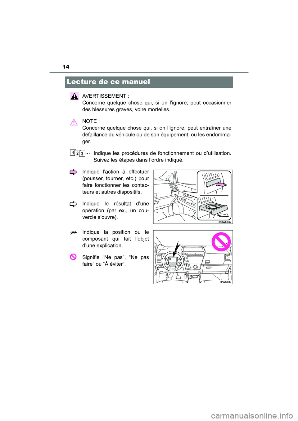 TOYOTA PRIUS V 2017  Manuel du propriétaire (in French) 14
PRIUS v_OM_OM47B23D_(D)
Lecture de ce manuel
AVERTISSEMENT : 
Concerne quelque chose qui, si on l’ignore, peut occasionner
des blessures graves, voire mortelles.
NOTE : 
Concerne quelque chose qu