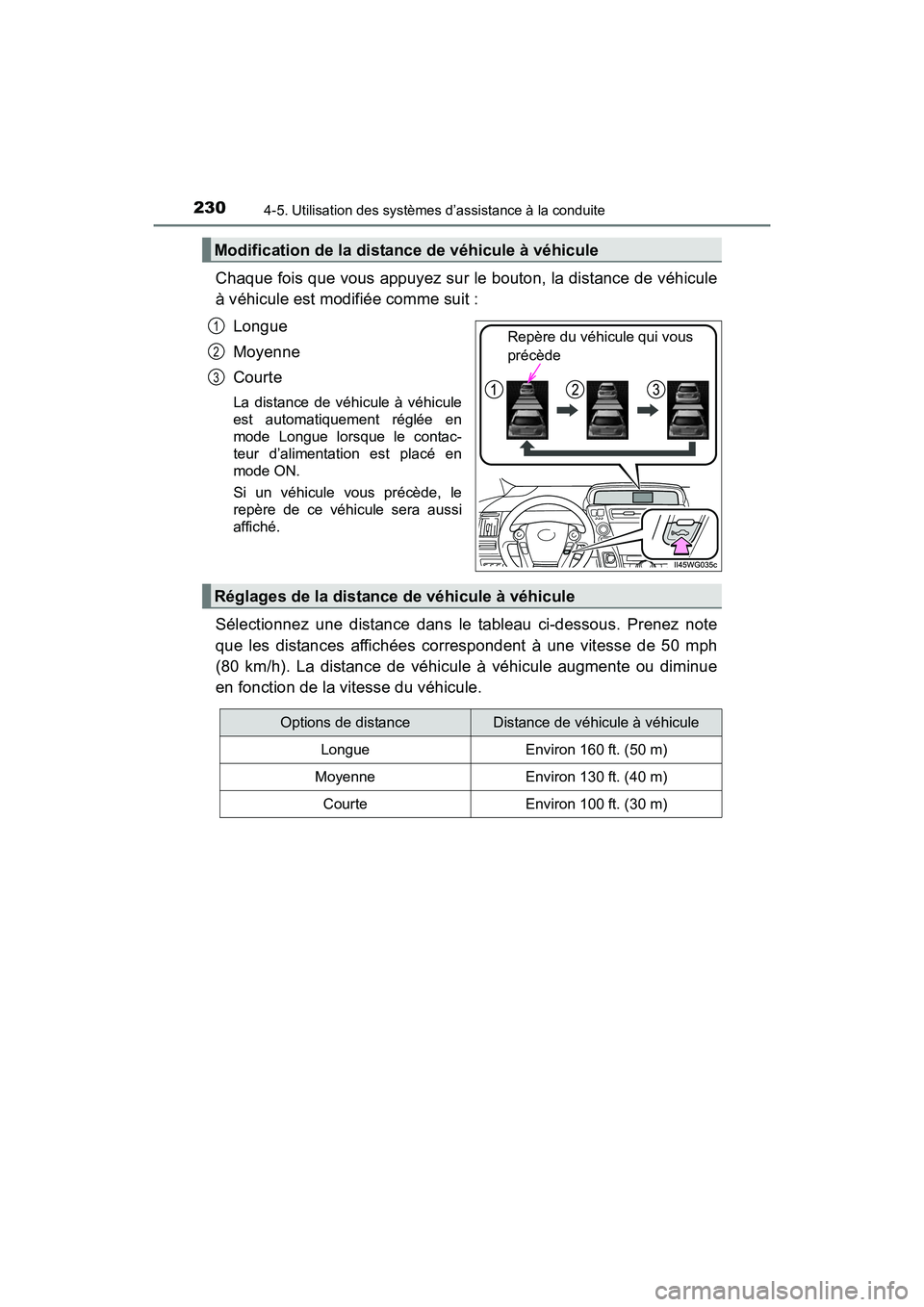 TOYOTA PRIUS V 2017  Manuel du propriétaire (in French) 230
PRIUS v_OM_OM47B23D_(D)
4-5. Utilisation des systèmes d’assistance à la conduite
Chaque fois que vous appuyez sur le bouton, la distance de véhicule
à véhicule est modifiée comme suit :Lon