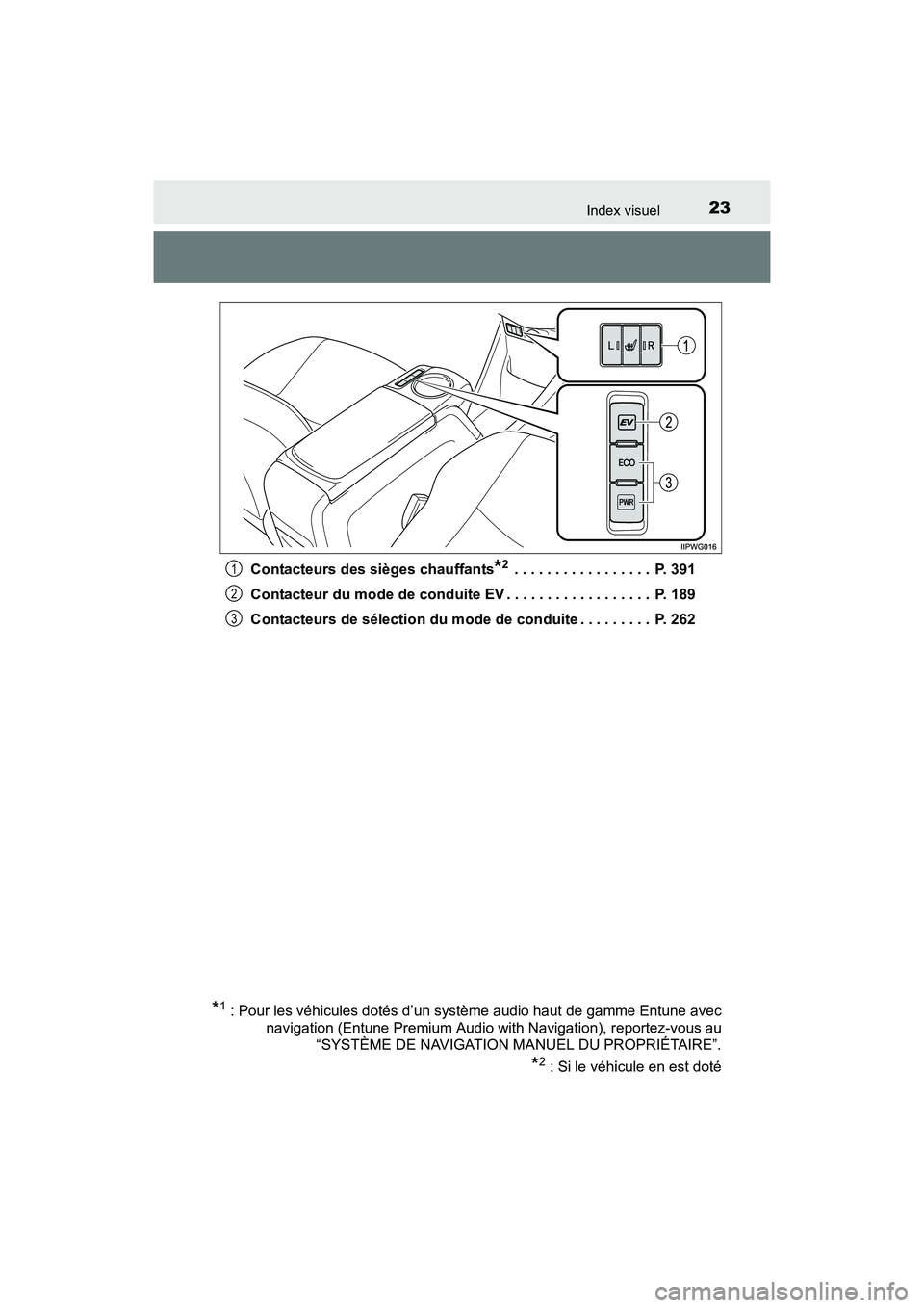 TOYOTA PRIUS V 2017  Manuel du propriétaire (in French) 23Index visuel
PRIUS v_OM_OM47B23D_(D)Contacteurs des sièges chauffants
*2 . . . . . . . . . . . . . . . . .  P. 391
Contacteur du mode de conduite EV . . . . . . . . . . . . . . . . . .  P. 189
Cont
