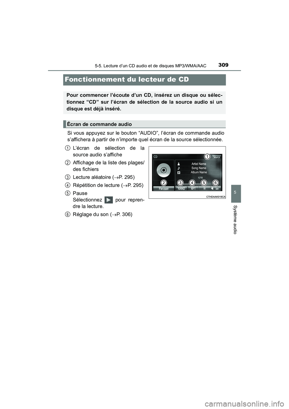 TOYOTA PRIUS V 2017  Manuel du propriétaire (in French) 309
PRIUS v_OM_OM47B23D_(D)
5-5. Lecture d’un CD audio et de disques MP3/WMA/AAC
5
Système audio
Fonctionnement du lecteur de CD
Si vous appuyez sur le bouton “AUDIO”, l’écran de commande au