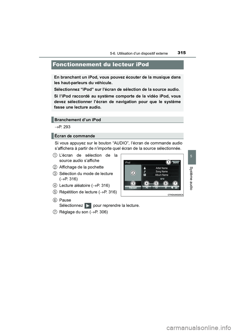 TOYOTA PRIUS V 2017  Manuel du propriétaire (in French) 315
PRIUS v_OM_OM47B23D_(D)
5-6. Utilisation d’un dispositif externe
5
Système audio
Fonctionnement du lecteur iPod
→P.  2 9 3
Si vous appuyez sur le bouton “AUDIO”, l’écran de commande au