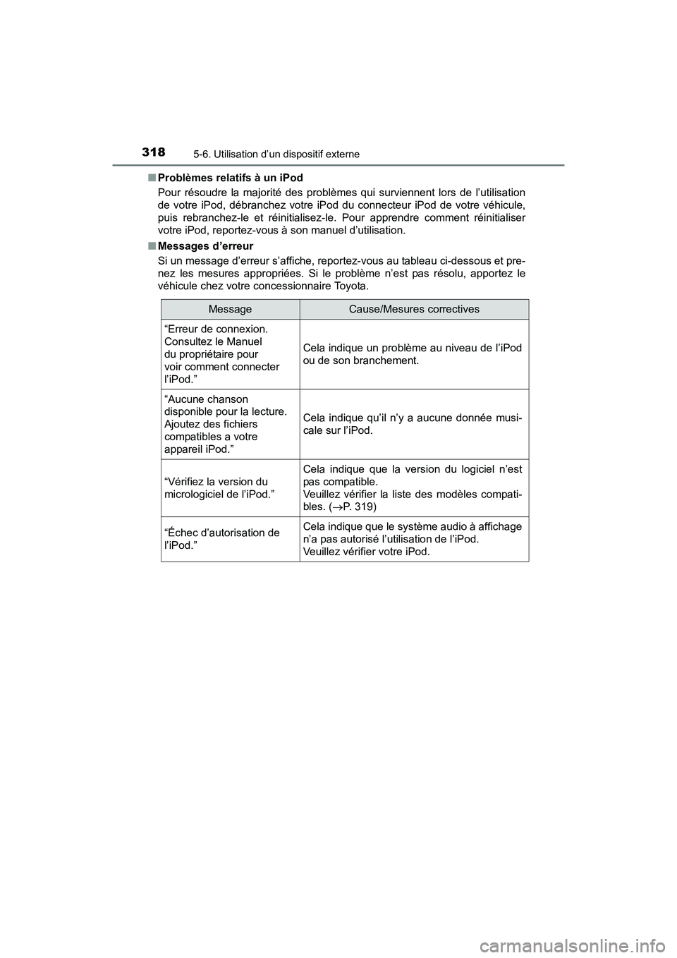 TOYOTA PRIUS V 2017  Manuel du propriétaire (in French) 3185-6. Utilisation d’un dispositif externe
PRIUS v_OM_OM47B23D_(D)■
Problèmes relatifs à un iPod
Pour résoudre la majorité des problèmes qui surviennent lors de l’utilisation
de votre iPod