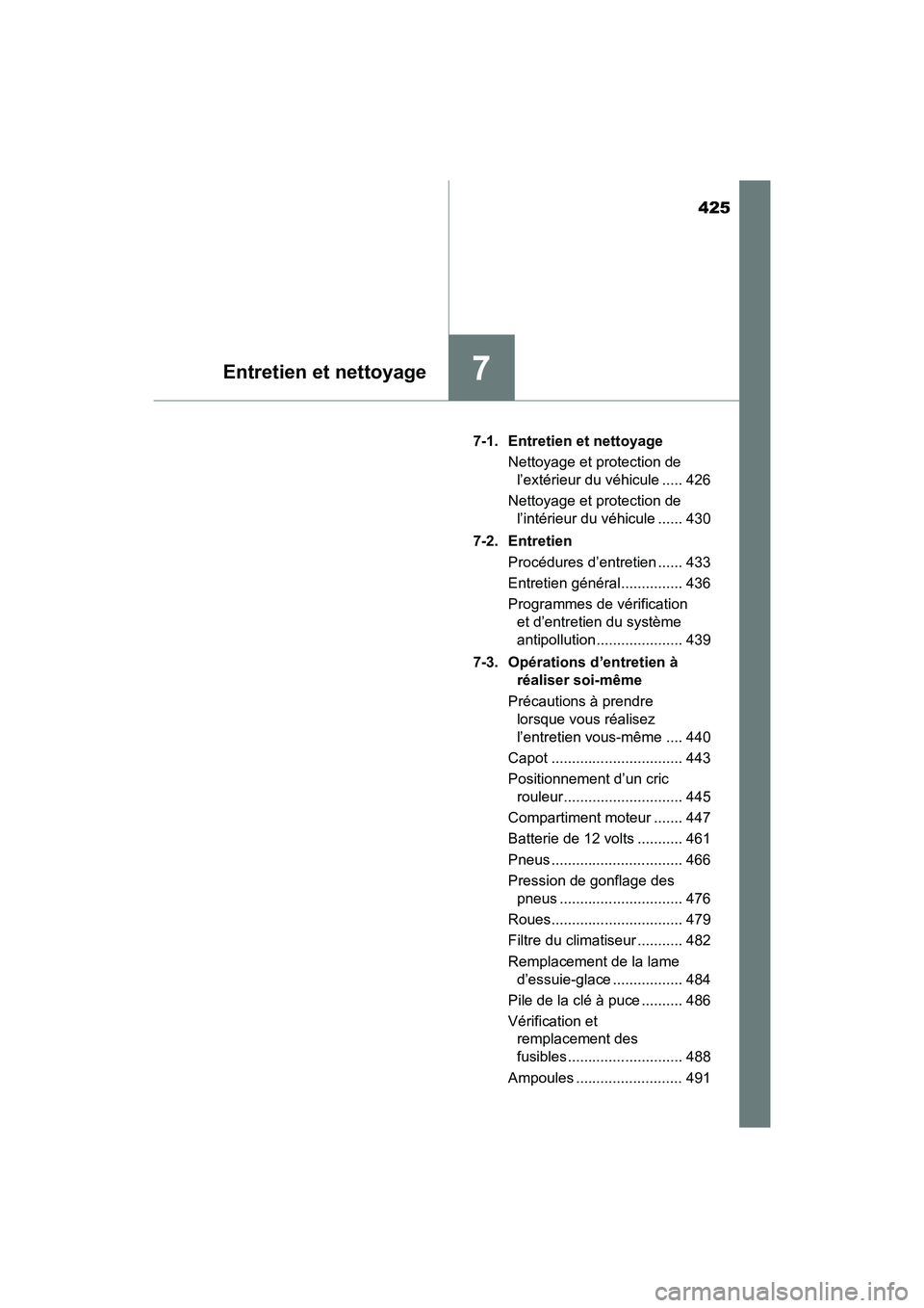 TOYOTA PRIUS V 2017 Manuel du propriétaire (in French) 425
PRIUS v_OM_OM47B23D_(D)
7Entretien et nettoyage
7-1. Entretien et nettoyageNettoyage et protection de l’extérieur du véhicule ..... 426
Nettoyage et protection de l’intérieur du véhicule TOYOTA PRIUS V 2017 Manuel du propriétaire (in French) 425
PRIUS v_OM_OM47B23D_(D)
7Entretien et nettoyage
7-1. Entretien et nettoyageNettoyage et protection de l’extérieur du véhicule ..... 426
Nettoyage et protection de l’intérieur du véhicule