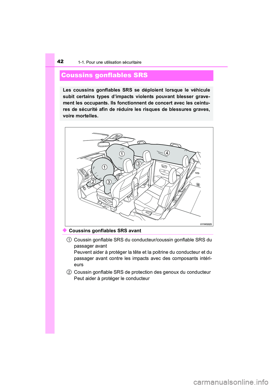 TOYOTA PRIUS V 2017  Manuel du propriétaire (in French) 421-1. Pour une utilisation sécuritaire
PRIUS v_OM_OM47B23D_(D)
Coussins gonflables SRS
◆Coussins gonflables SRS avantCoussin gonflable SRS du conducteur/coussin gonflable SRS du
passager avant 
Pe