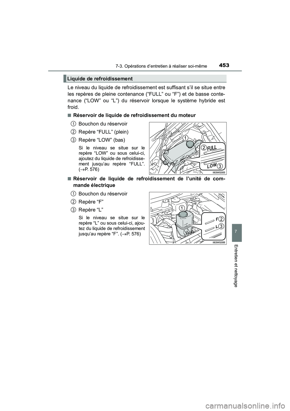 TOYOTA PRIUS V 2017  Manuel du propriétaire (in French) PRIUS v_OM_OM47B23D_(D)
4537-3. Opérations d’entretien à réaliser soi-même
7
Entretien et nettoyage
Le niveau du liquide de refroidissement est suffisant s’il se situe entre
les repères de pl