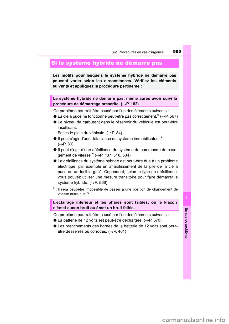 TOYOTA PRIUS V 2017 Manuel du propriétaire (in French) 565
PRIUS v_OM_OM47B23D_(D)
8
En cas de problème
8-2. Procédures en cas d’urgence
Si le système hybride ne démarre pas
Ce problème pourrait être causé par l’un des éléments suivants :
● TOYOTA PRIUS V 2017 Manuel du propriétaire (in French) 565
PRIUS v_OM_OM47B23D_(D)
8
En cas de problème
8-2. Procédures en cas d’urgence
Si le système hybride ne démarre pas
Ce problème pourrait être causé par l’un des éléments suivants :
●