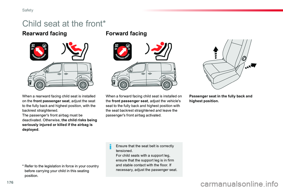 TOYOTA PROACE 2018  Owners Manual 176
Passenger seat in the fully back and highest position.
Rearward facing
Child seat at the front*
Forward facing
Ensure that the seat belt is correctly tensioned.For child seats with a support leg, 