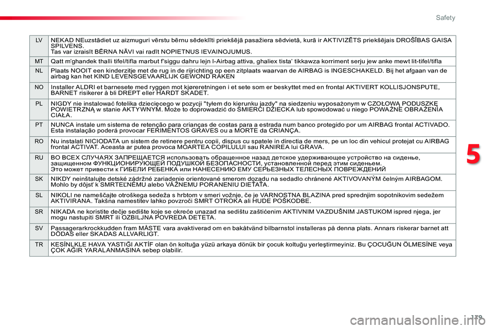 TOYOTA PROACE 2018  Owners Manual 179
LVNEK AD NEuzstādiet uz aizmuguri vērstu bērnu sēdeklīti priekšējā pasažiera sēdvietā, kurā ir AKTIVIZĒTS priekšējais DROŠĪBAS GAISA S P I LV E N S .Tas var izraisīt BĒRNA NĀVI