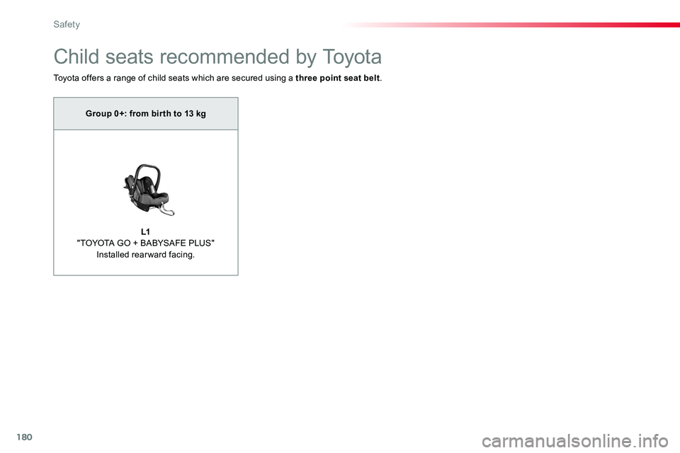 TOYOTA PROACE 2018  Owners Manual 180
Child seats recommended by Toyota
Toyota offers a range of child seats which are secured using a three point seat belt.
Group 0+: from bir th to 13 kg
L1 "TOYOTA GO + BABYSAFE PLUS" Instal