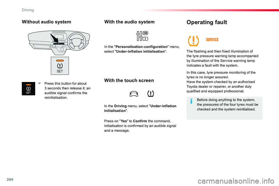 TOYOTA PROACE 2018  Owners Manual 264
In the Driving menu, select "Under-inflation initialisation".
With the audio system
In the "Personalisation-configuration" menu, select "Under-inflation initialisation".
Op