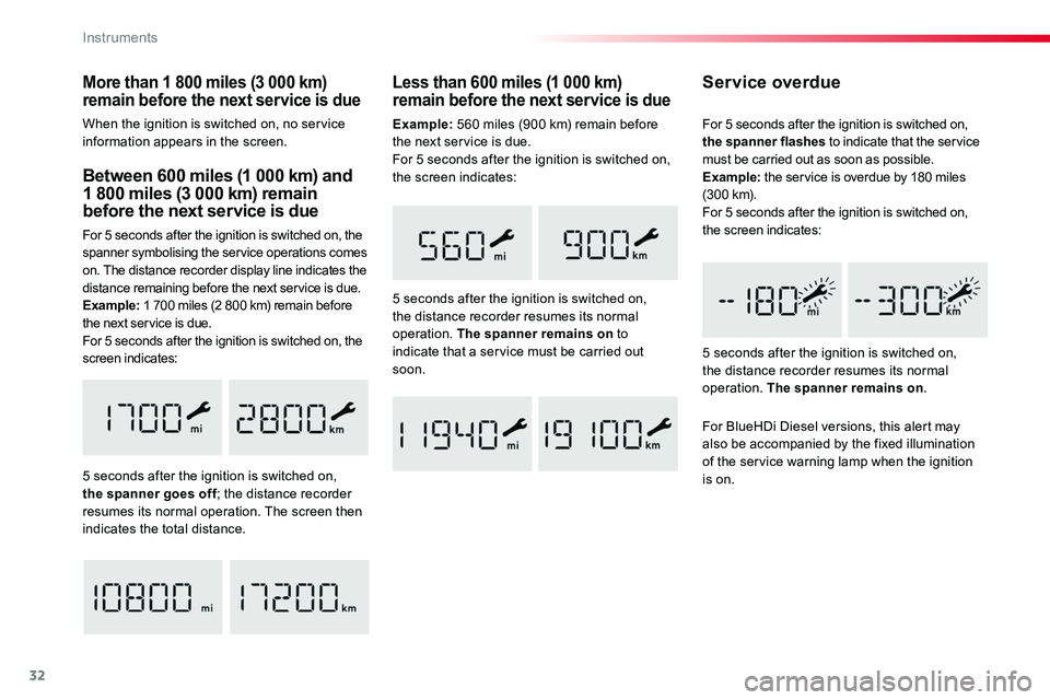 TOYOTA PROACE 2018  Owners Manual 32
Between 600 miles (1 000 km) and  1 800 miles (3 000 km) remain before the next service is due
For 5 seconds after the ignition is switched on, the spanner symbolising the service operations comes 