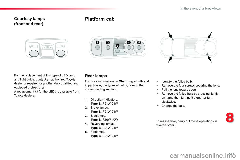 TOYOTA PROACE 2018  Owners Manual 315
Courtesy lamps
(front and rear)
For the replacement of this type of LED lamp and light guide, contact an authorized Toyota dealer or repairer, or another duly qualified and equipped professional.A