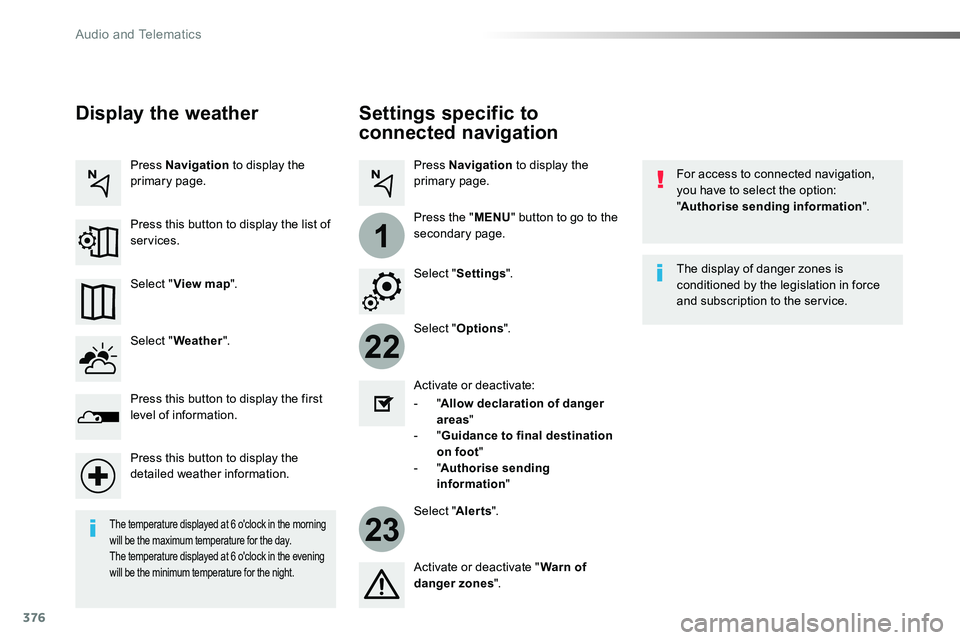 TOYOTA PROACE 2019  Owners Manual 376
22
23
1
Settings specific to 
connected navigation
For access to connected navigation, you have to select the option: "Authorise sending information".
Select "Options".
Select "