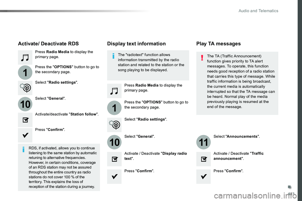 TOYOTA PROACE 2018  Owners Manual 451
1
110
1011
Press Radio Media to display the primary page.
Press Radio Media to display the primary page.
Press the "OPTIONS" button to go to 
the secondary page.
Press the "OPTIONS"