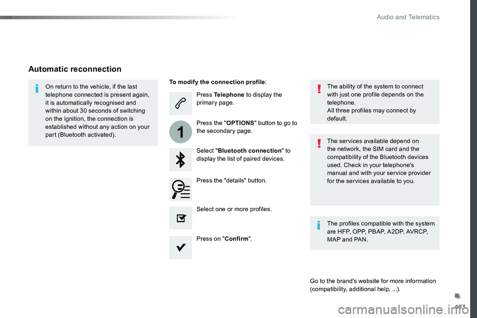 TOYOTA PROACE 2019  Owners Manual 463
1
Press Telephone to display the primary page.
Select "Bluetooth connection" to display the list of paired devices.
On return to the vehicle, if the last telephone connected is present aga
