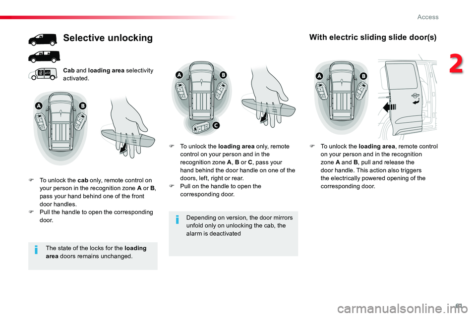 TOYOTA PROACE 2019  Owners Manual 61
Depending on version, the door mirrors unfold only on unlocking the cab, the alarm is deactivated
Cab and loading area selectivity activated.
Selective unlocking
F To unlock the cab only, remote co