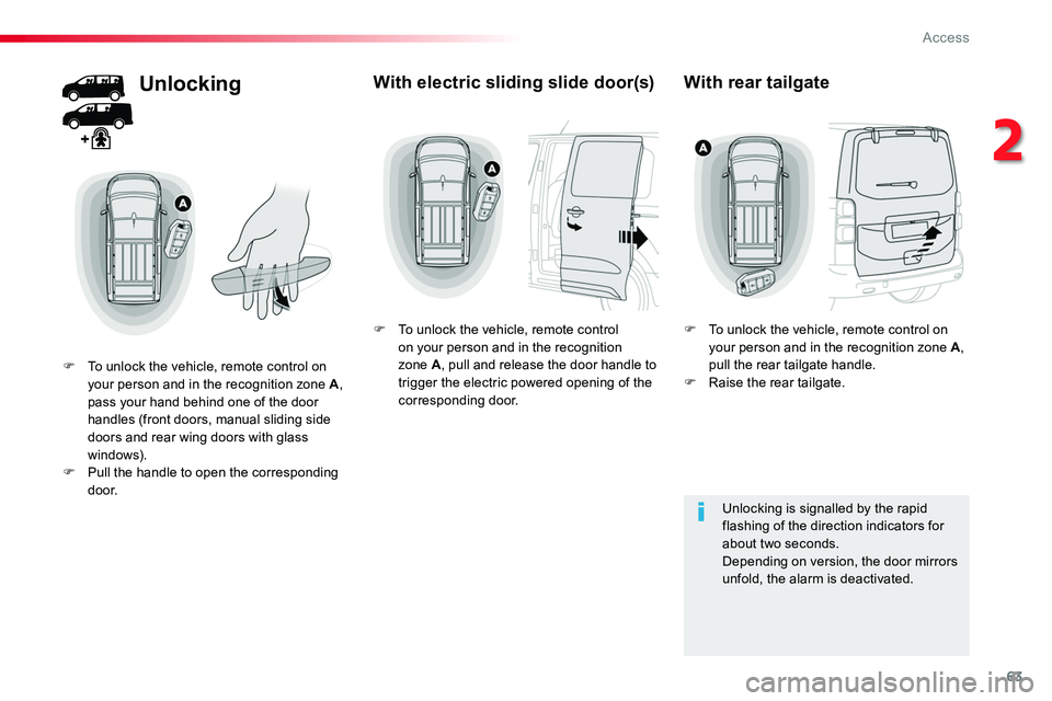 TOYOTA PROACE 2019  Owners Manual 63
Unlocking
F To unlock the vehicle, remote control on your person and in the recognition zone A, pass your hand behind one of the door handles (front doors, manual sliding side doors and rear wing d