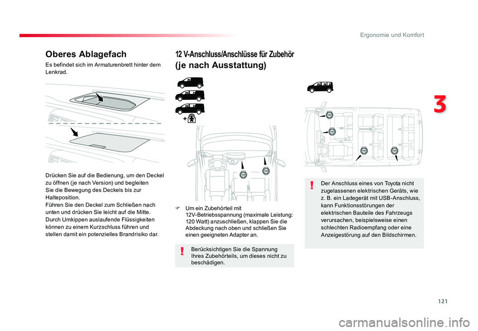 TOYOTA PROACE 2018 Betriebsanleitungen (in German) 121
3
Ergonomie und Komfort
Jumpy _de_Chap03_ergonomie-et-confort_ed01-2016
Oberes Ablagefach
Es befindet sich im Armaturenbrett hinter dem
Lenkrad.
Drücken Sie auf die Bedienung, um den Deckel
zu TOYOTA PROACE 2018 Betriebsanleitungen (in German) 121
3
Ergonomie und Komfort
Jumpy _de_Chap03_ergonomie-et-confort_ed01-2016
Oberes Ablagefach
Es befindet sich im Armaturenbrett hinter dem
Lenkrad.
Drücken Sie auf die Bedienung, um den Deckel
zu