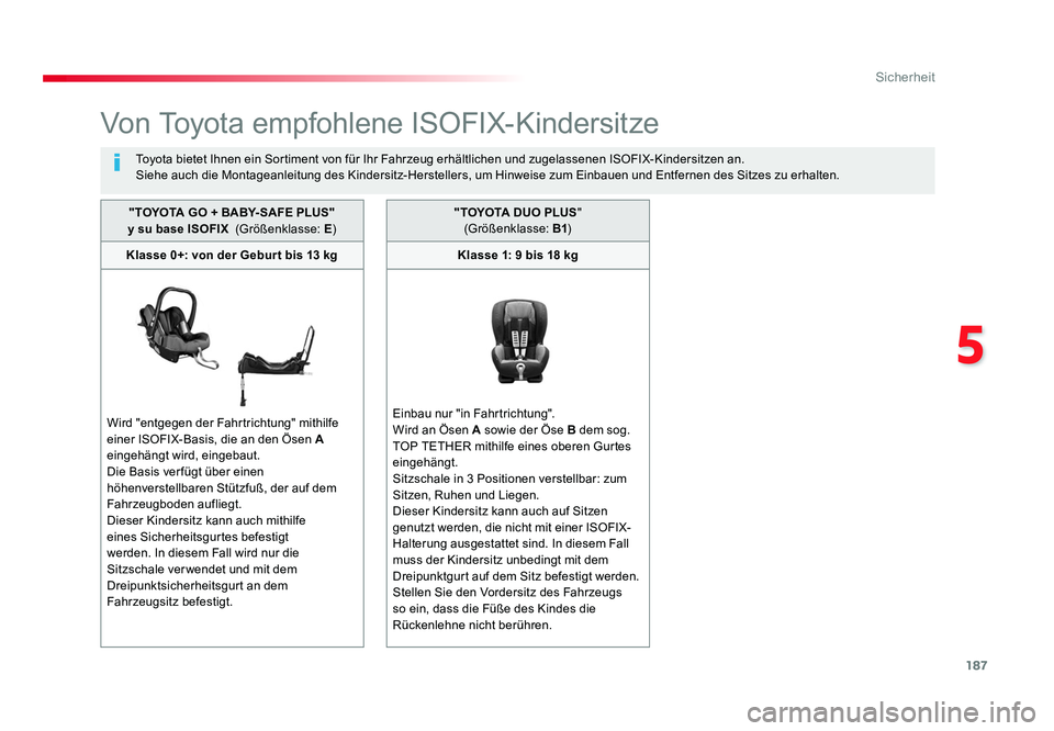 TOYOTA PROACE 2018  Betriebsanleitungen (in German) 187
5
Sicherheit
Jumpy _de_Chap05_securite_ed01-2016
Von Toyota empfohlene ISOFIX-Kindersitze
Toyota bietet Ihnen ein Sortiment von für Ihr Fahrzeug erhältlichen und zugelassenen ISOFIX-Kindersitzen