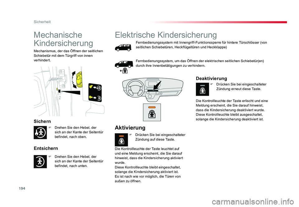 TOYOTA PROACE 2018  Betriebsanleitungen (in German) 194
Sicherheit
Jumpy _de_Chap05_securite_ed01-2016
Mechanische 
Kindersicherung
Sichern
Entsichern
Mechanismus, der das Öffnen der seitlichen 
Schiebetür mit dem Türgriff von innen 
verhindert.
Ele