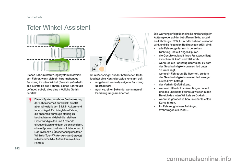 TOYOTA PROACE 2018 Betriebsanleitungen (in German) 252
Fahrbetrieb
Jumpy _de_Chap06_conduite_ed01-2016
Toter-Winkel-Assistent
Im Außenspiegel auf der betroffenen Seite
leuchtet eine Kontrollanzeige konstant auf:
- umgehend, wenn das eigene Fahrzeug TOYOTA PROACE 2018 Betriebsanleitungen (in German) 252
Fahrbetrieb
Jumpy _de_Chap06_conduite_ed01-2016
Toter-Winkel-Assistent
Im Außenspiegel auf der betroffenen Seite
leuchtet eine Kontrollanzeige konstant auf:
- umgehend, wenn das eigene Fahrzeug