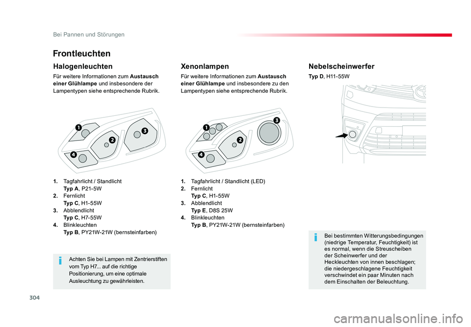 TOYOTA PROACE 2018  Betriebsanleitungen (in German) 304
Bei Pannen und Störungen
Jumpy _de_Chap08_En-cas-de-panne_ed01-2016
Frontleuchten
Xenonlampen
Für weitere Informationen zum Austausch 
einer Glühlampe  und insbesondere zu den 
Lampentypen sieh