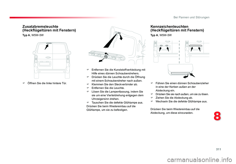TOYOTA PROACE 2018  Betriebsanleitungen (in German) 311
8
Bei Pannen und Störungen
Jumpy _de_Chap08_En-cas-de-panne_ed01-2016
Kennzeichenleuchten 
(Heckflügeltüren mit Fenstern)
Ty p  A, W5W-5W
F  Entfernen Sie die Kunststoffverkleidung mit  Hilfe e