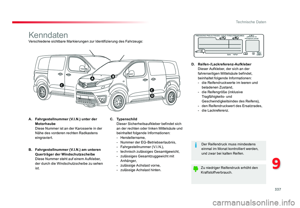 TOYOTA PROACE 2018 Betriebsanleitungen (in German) 337
9
Technische Daten
Jumpy _de_Chap09_caracteristiques-techniques_ed01-2016
KenndatenVerschiedene sichtbare Markierungen zur Identifizierung des Fahrzeugs:
A. Fahrgestellnummer (V.I.N.) unter der
M TOYOTA PROACE 2018 Betriebsanleitungen (in German) 337
9
Technische Daten
Jumpy _de_Chap09_caracteristiques-techniques_ed01-2016
KenndatenVerschiedene sichtbare Markierungen zur Identifizierung des Fahrzeugs:
A. Fahrgestellnummer (V.I.N.) unter der
M