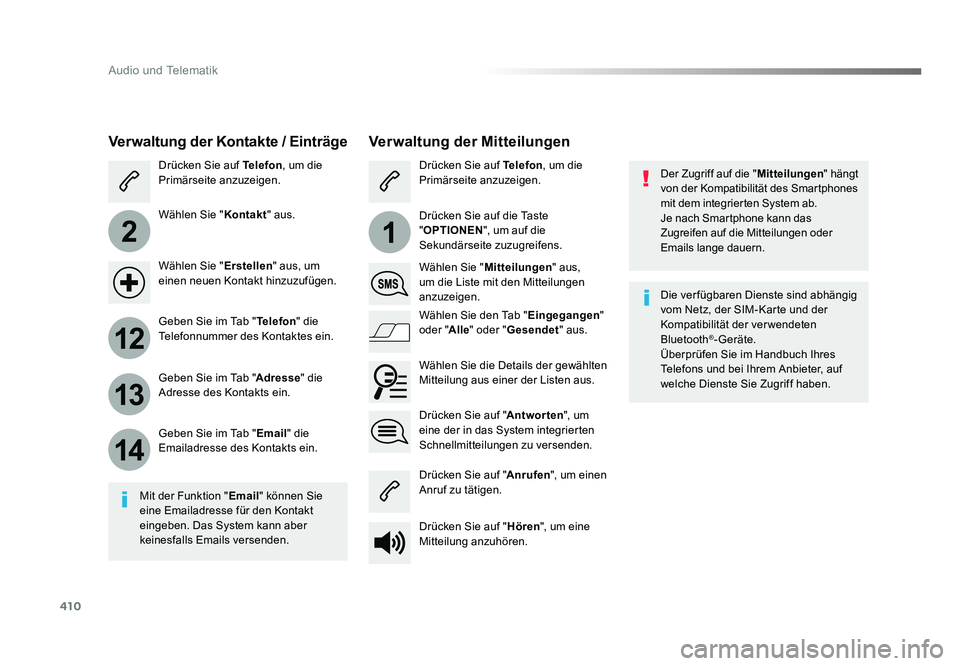 TOYOTA PROACE 2018  Betriebsanleitungen (in German) 410
2
12
13
14
1
Audio und Telematik
Jumpy_de_Chap10b_NAC-1_ed01-2016
Der Zugriff auf die "Mitteilungen" hängt 
von der Kompatibilität des Smartphones 
mit dem integrierten System ab.
Je nac